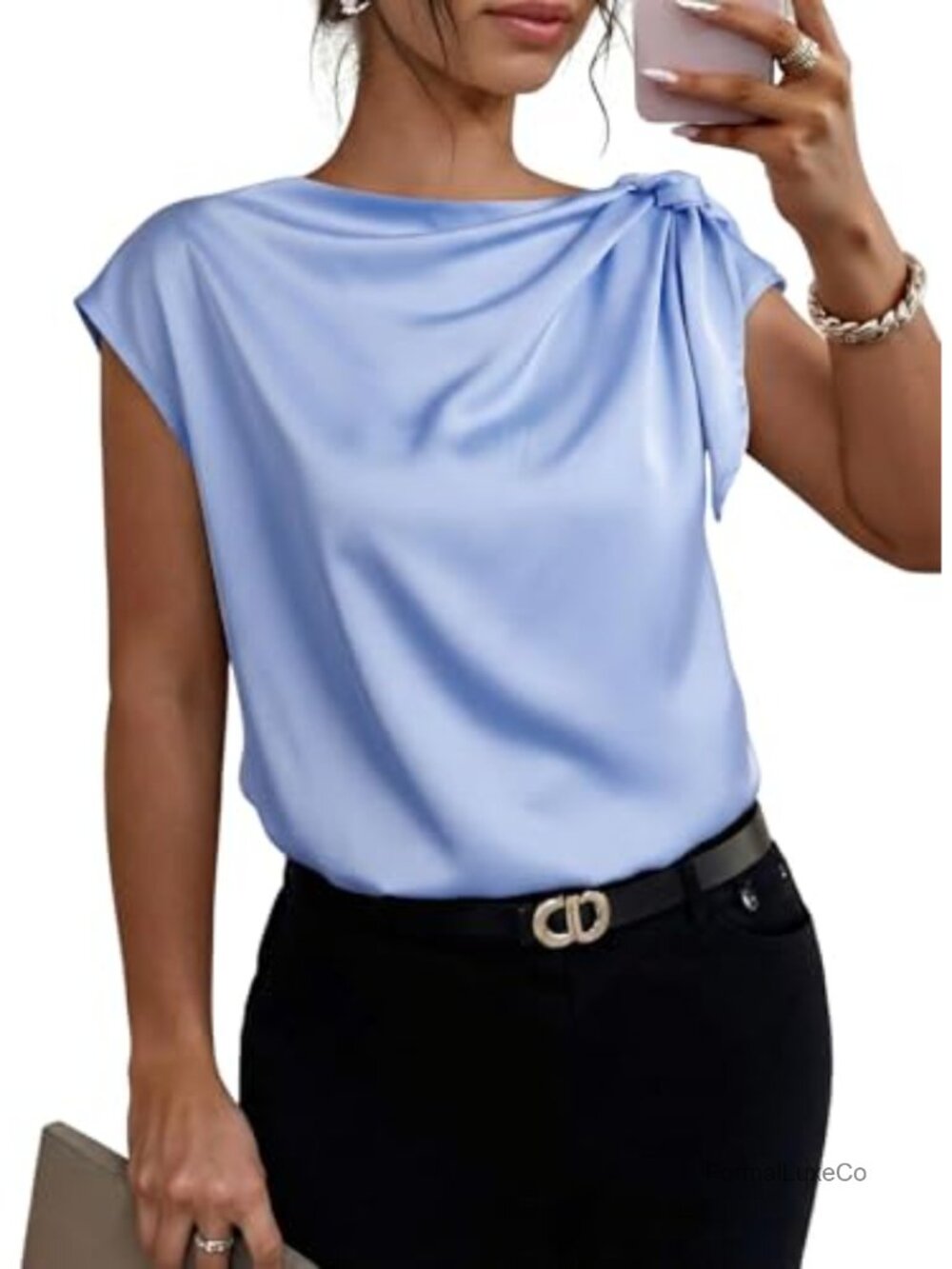 Dokotoo Womens Tops Dressy Casual Cowl Neck Short Sleeve Satin Blouses